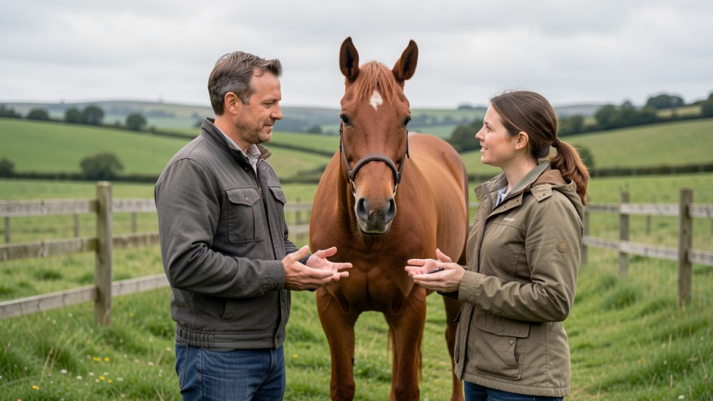 Un propriétaire et une responsable d’écurie discutent calmement près d’un cheval alezan dans un pré verdoyant, dans une ambiance rurale réaliste et documentaire.
