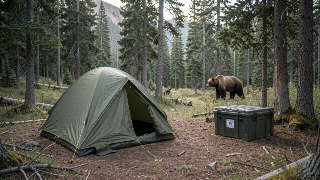 Bivouac discret en forêt de montagne avec une tente légère, une boîte rigide anti-ours éloignée du camp et un ours brun visible au loin entre les arbres.