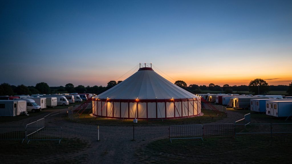 Chapiteau de cirque itinérant installé dans un terrain calme au crépuscule, entouré de caravanes et d’équipements soigneusement entretenus.