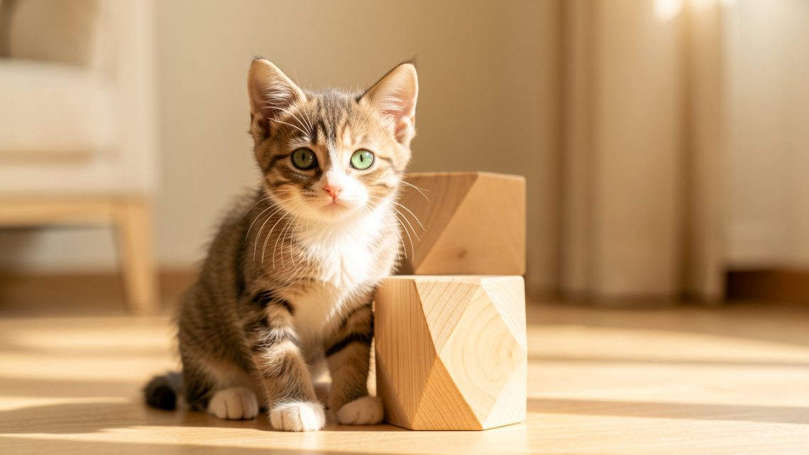 Chaton européen aux yeux verts assis près d’un bloc géométrique en bois dans un intérieur lumineux et chaleureux.