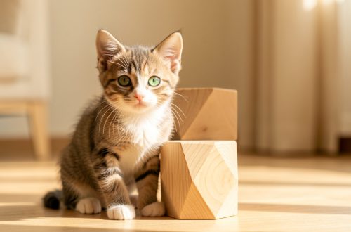 Chaton européen aux yeux verts assis près d’un bloc géométrique en bois dans un intérieur lumineux et chaleureux.