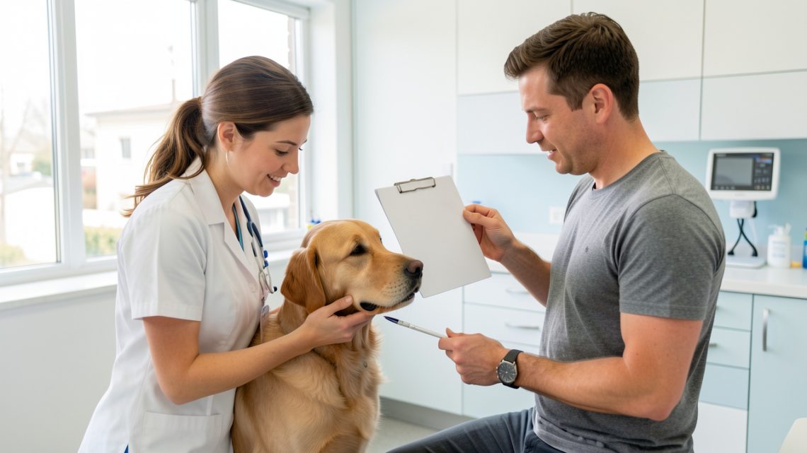 Une vétérinaire examine attentivement un chien et explique son dossier médical vierge à son propriétaire dans une clinique lumineuse.