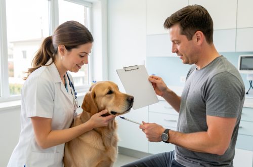 Une vétérinaire examine attentivement un chien et explique son dossier médical vierge à son propriétaire dans une clinique lumineuse.