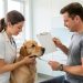 Une vétérinaire examine attentivement un chien et explique son dossier médical vierge à son propriétaire dans une clinique lumineuse.