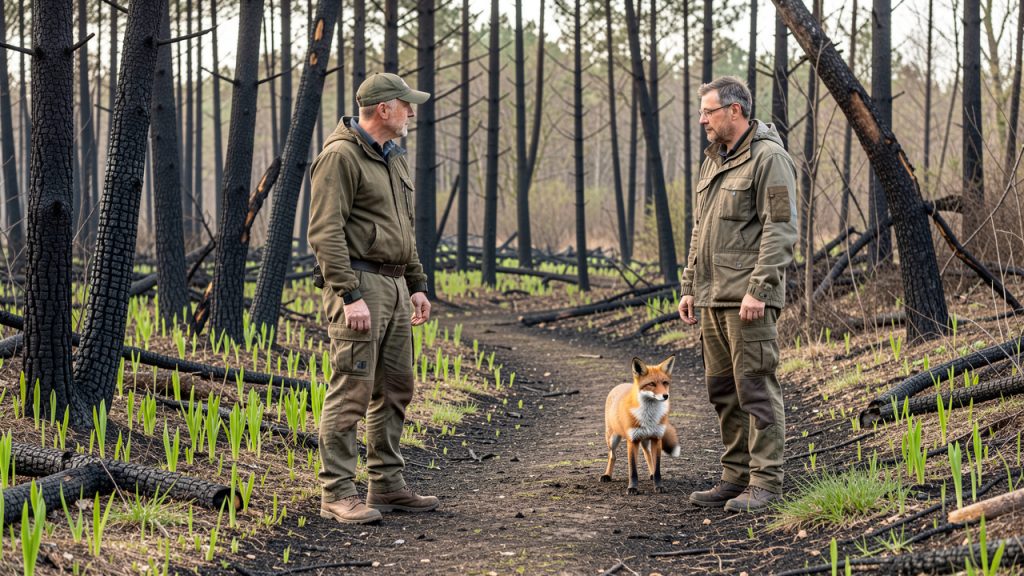 Un sauveteur observe à distance un petit renard près d’un chemin sécurisé, à la lisière d’une forêt de Gironde marquée par un incendie.
