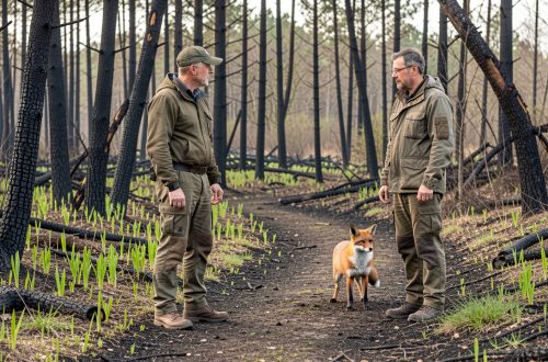 Un sauveteur observe à distance un petit renard près d’un chemin sécurisé, à la lisière d’une forêt de Gironde marquée par un incendie.