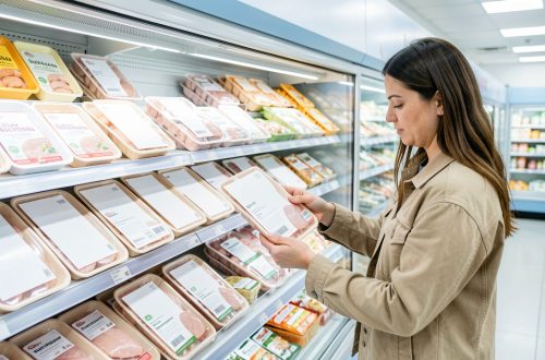 Rayon frais lumineux d’un magasin avec plusieurs emballages génériques de poulet, tandis qu’une femme compare attentivement les produits.