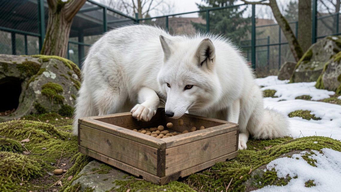 Renard arctique dans un enclos naturel de zoo, explorant une boîte interactive en bois qui distribue quelques croquettes.