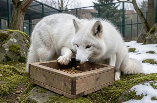 Renard arctique dans un enclos naturel de zoo, explorant une boîte interactive en bois qui distribue quelques croquettes.