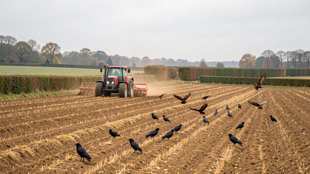 Un tracteur rouge laboure une parcelle à l’automne dans la campagne française, tandis que plusieurs rapaces et corvidés suivent les sillons à distance sous une lumière douce.