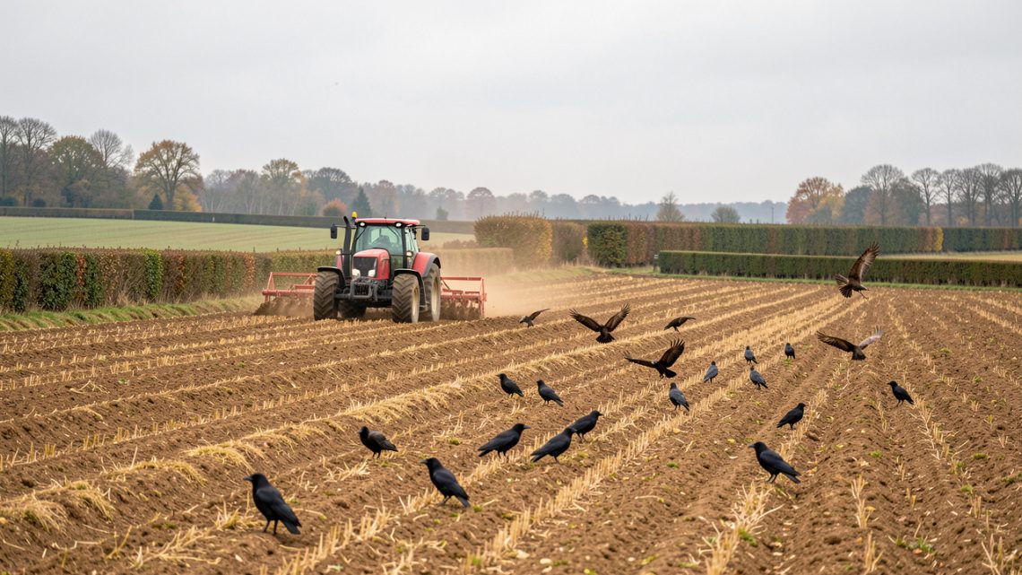 Un tracteur rouge laboure une parcelle à l’automne dans la campagne française, tandis que plusieurs rapaces et corvidés suivent les sillons à distance sous une lumière douce.