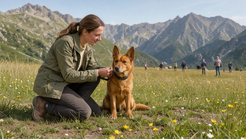 Une femme récompense calmement un chien attentif pendant un atelier d’éducation positive dans un paysage lumineux des Hautes-Alpes.
