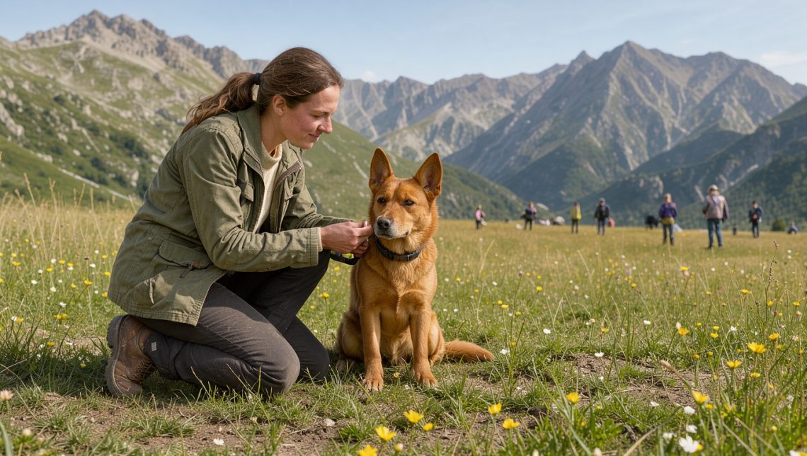 Une femme récompense calmement un chien attentif pendant un atelier d’éducation positive dans un paysage lumineux des Hautes-Alpes.