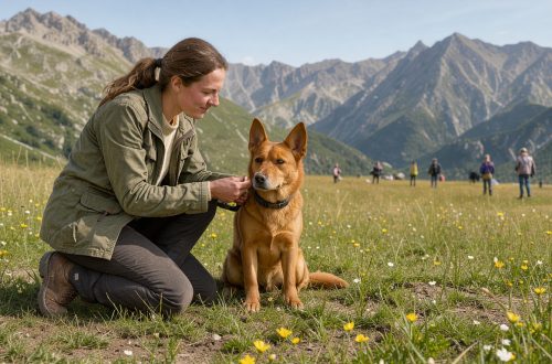 Une femme récompense calmement un chien attentif pendant un atelier d’éducation positive dans un paysage lumineux des Hautes-Alpes.