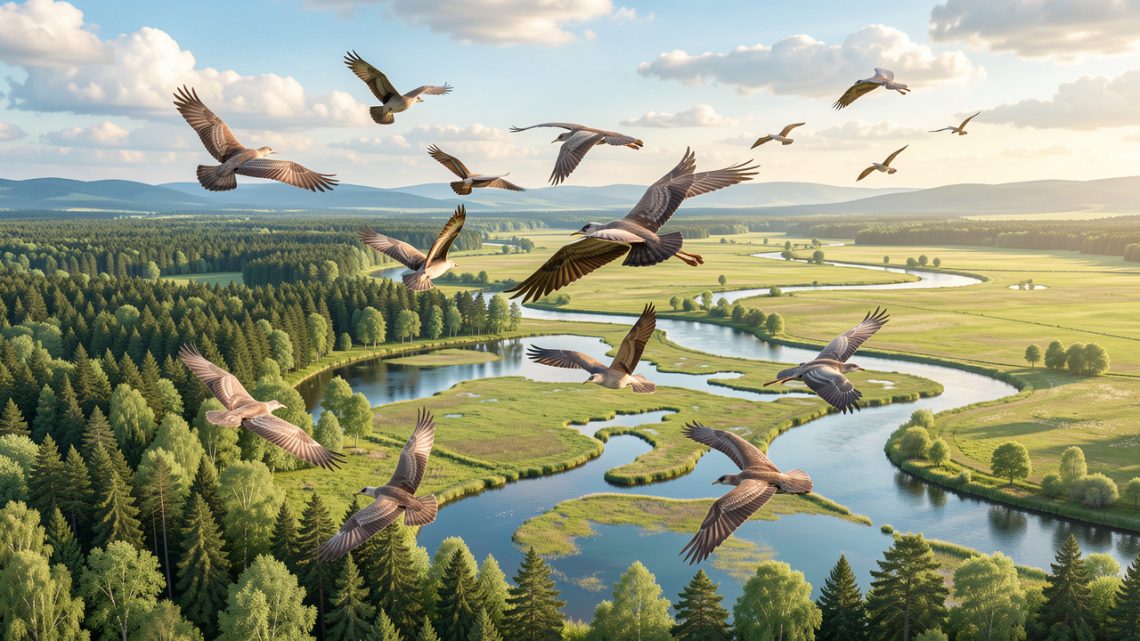 Oiseaux migrateurs survolant des forêts, des zones humides et des plaines sous une douce lumière de printemps.