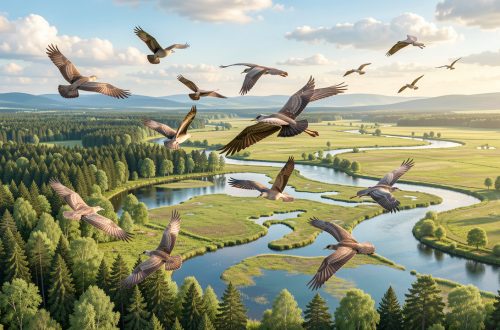 Oiseaux migrateurs survolant des forêts, des zones humides et des plaines sous une douce lumière de printemps.