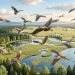 Oiseaux migrateurs survolant des forêts, des zones humides et des plaines sous une douce lumière de printemps.