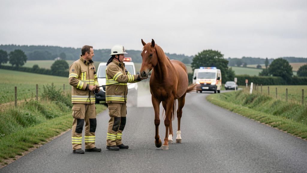Deux sapeurs-pompiers français sécurisent calmement une route de campagne autour d’un cheval alezan échappé, avec un véhicule de secours en arrière-plan.