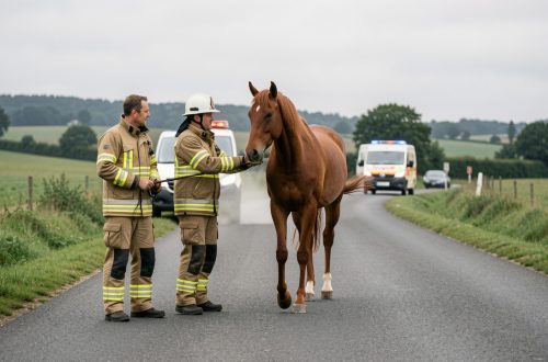 Deux sapeurs-pompiers français sécurisent calmement une route de campagne autour d’un cheval alezan échappé, avec un véhicule de secours en arrière-plan.
